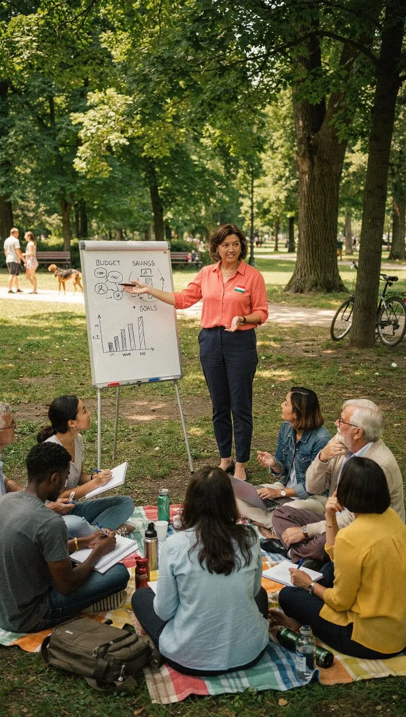 Személyes pénzügyek alapjai blog bejegyzés, amely kézzel írt jegyzetekkel és pénzügyi könyvek sorozatával oktat. Modern íróasztal, ahol pénzügyi tervezési dokumentumok és grafikonok vannak elrendezve, szemléltetve a gyakorlati tanulást. Egy olvasó figyelmesen lapoz pénzügyi témájú könyvsorozatot, miközben jegyzeteket készít otthoni környezetben.